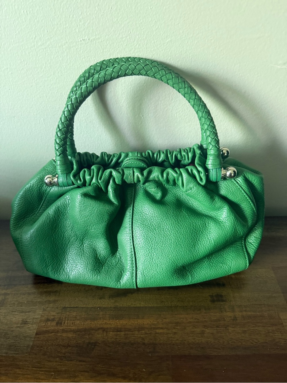Elliott Lucca Genuine Leather Gathered Pouch Handbag Purse With A Braided Handle